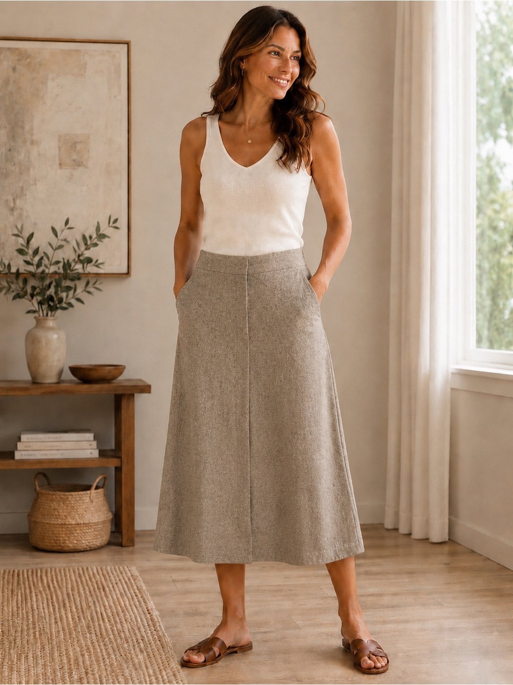 213) Sandwich Linen Blend A-Line Midi Skirt | Hidden Button Front
